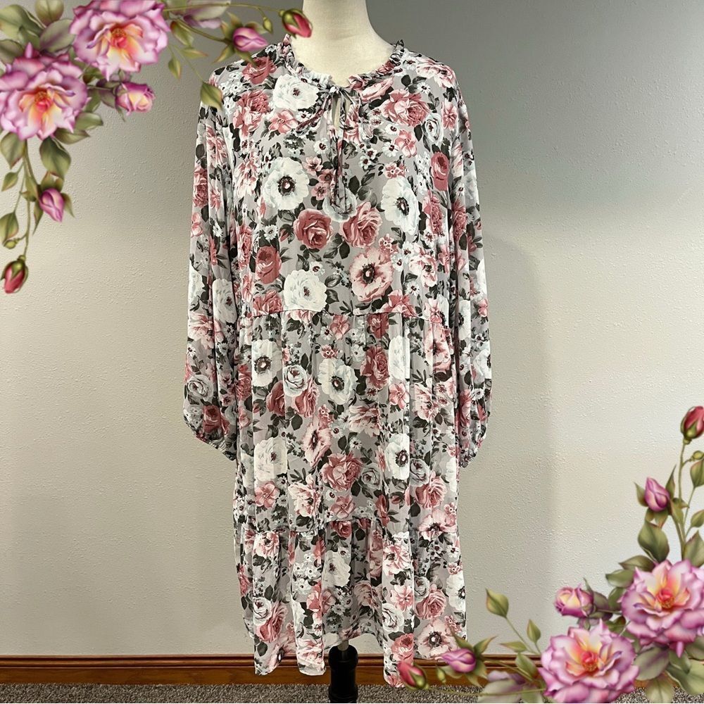 Floral‎ v-neck long sleeve loose fit Dress size XL